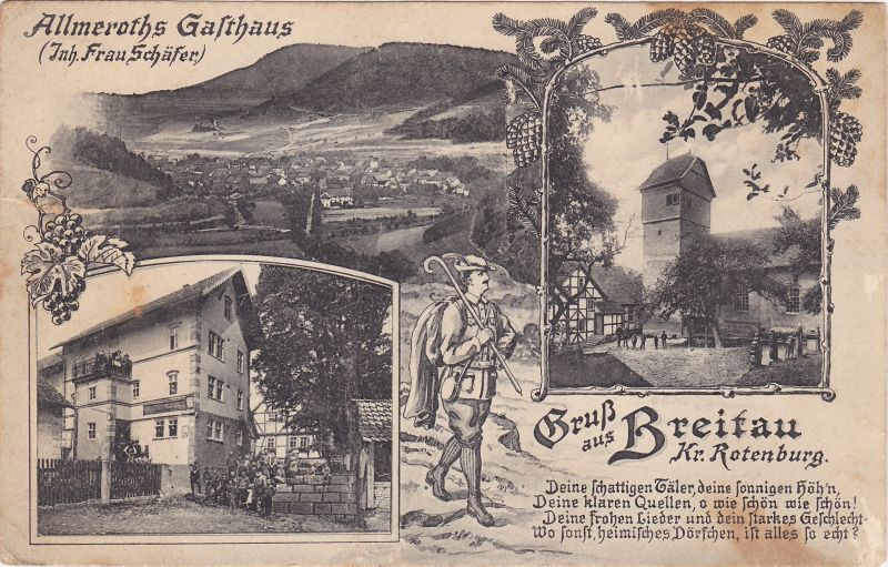 1915: Älteste Breitauer Ansichtskarte mit dem Gasthaus der Familie Almeroth, daß am heutigem Dorfanger neben der alten Linde stand.